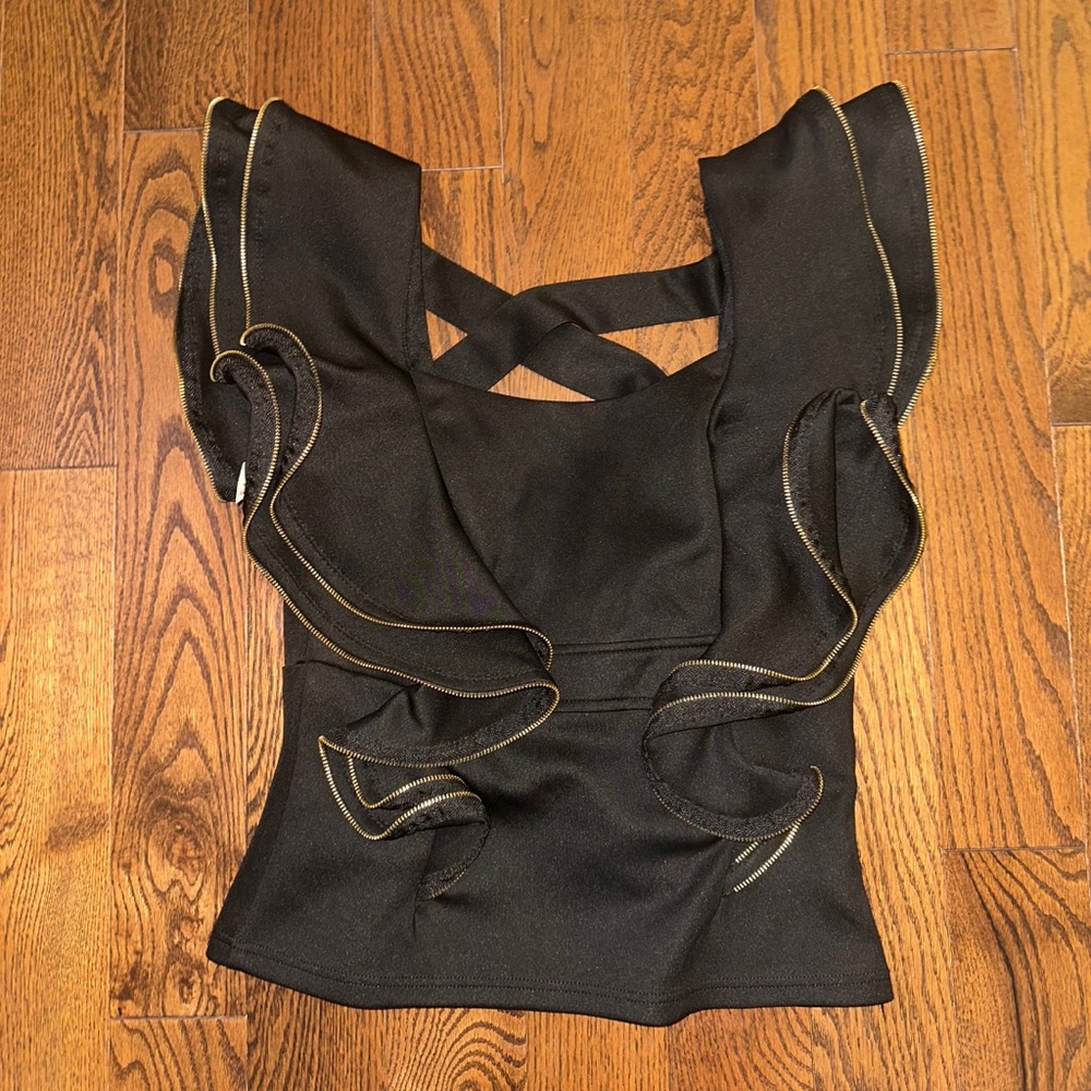 Black Ruffle Zipper Top